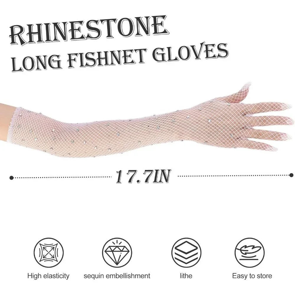 Women's Glitter White Rhinestone Elbow Length Long Gloves Halloween Party